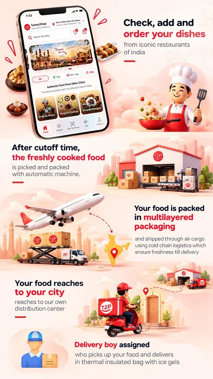Your order's journey: you order, the food is freshly cooked and machine-packed after the cutoff time, shipped by air cargo on a cold chain, reaches our distribution centre in your city, and a delivery person brings it in a thermal bag with ice gels.