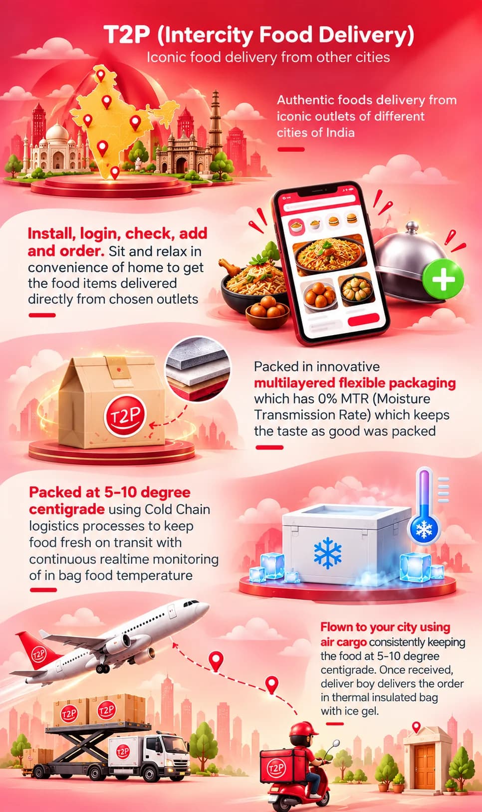 T2P intercity food delivery: order from iconic outlets in other cities; packed in multilayered packaging, kept at 5 to 10 degrees on a cold chain, flown by air cargo and delivered in a thermal bag.